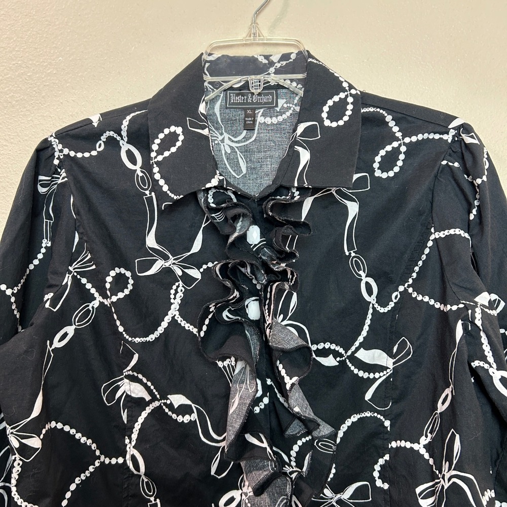 Blouse Womens XL Black White Ruffle Front Chain Bow Whimsigoth Statement Siren - Picture 7 of 13